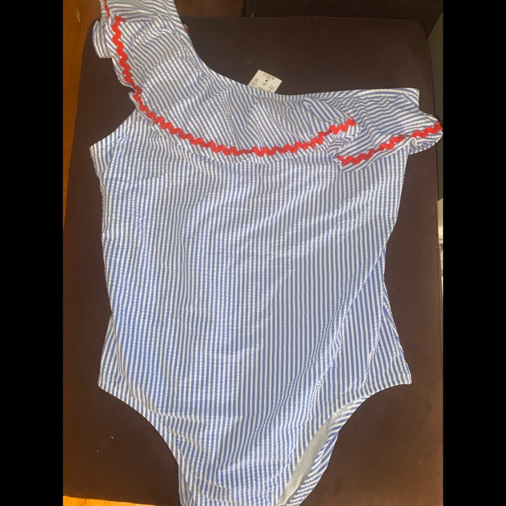 J.Crew seersucker ruffle blue & red bathing suit L
